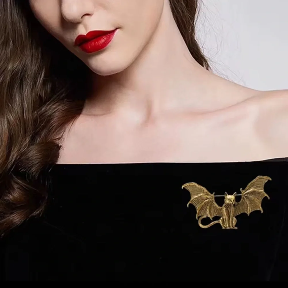 Gothic Bat Cat Brass Brooch